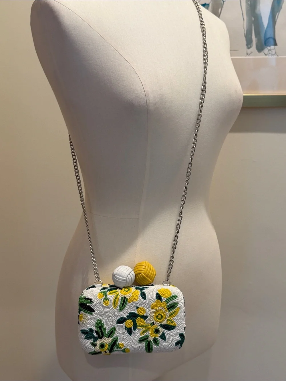 Sam Edelman Annabelle Beaded Floral Box Clutch in White, Yellow & Green